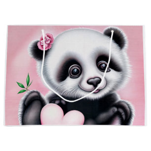 Grand Sac Cadeau Panda mignonne tenant un coeur
