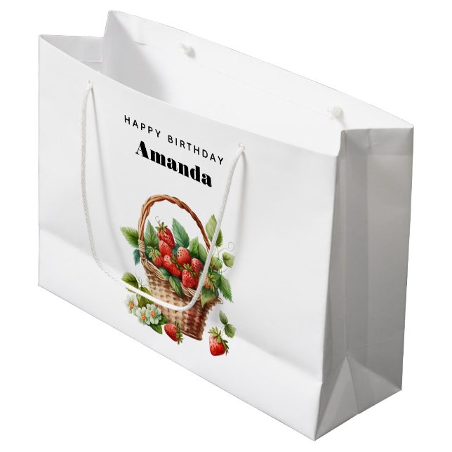 Grand Sac Cadeau Panier mignon rempli de fraises Anniversaire (Devant Angle)