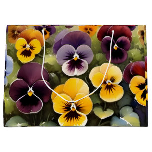 Grand Sac Cadeau Pansies jaunes et violets aquarelle