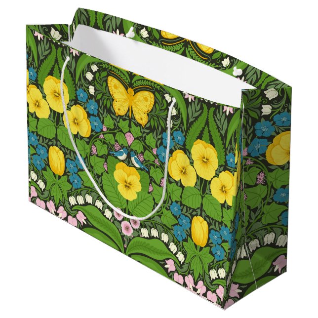 Grand Sac Cadeau Pansies jaunes, oiseaux et papillons (Dos Angle)