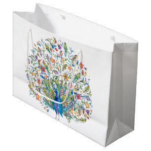 Grand Sac Cadeau Paon floral aquarelle