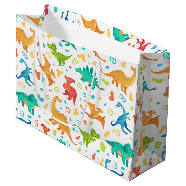 Grand Sac Cadeau Papier Dinosaure Coloré (Devant Angle)
