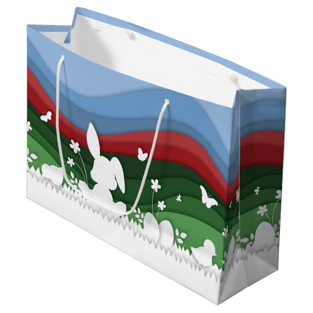 Grand Sac Cadeau Papier lapin de Pâques coupé vert nature printemps (Devant Angle)