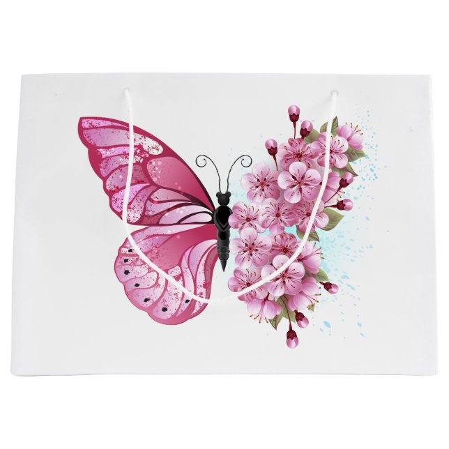 Grand Sac Cadeau Papillon à fleurs avec Sakura rose (Devant)