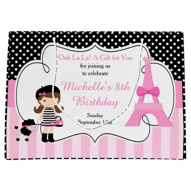 Grand Sac Cadeau Paris Tour Eiffel Brunette Girl (Devant)