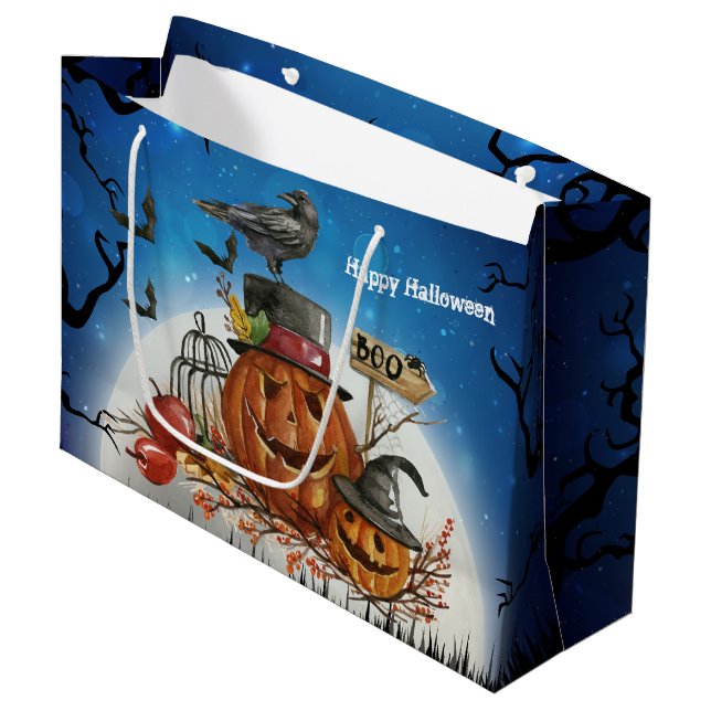Grand Sac Cadeau Partie de Raven de citrouille de Halloween (Devant Angle)
