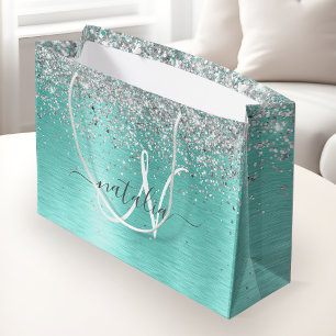 Grand Sac Cadeau Parties scintillant argentée turquoise en métal br