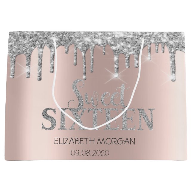 Grand Sac Cadeau Parties scintillant de luxe Rose  Gold Sweet 16 (Devant)