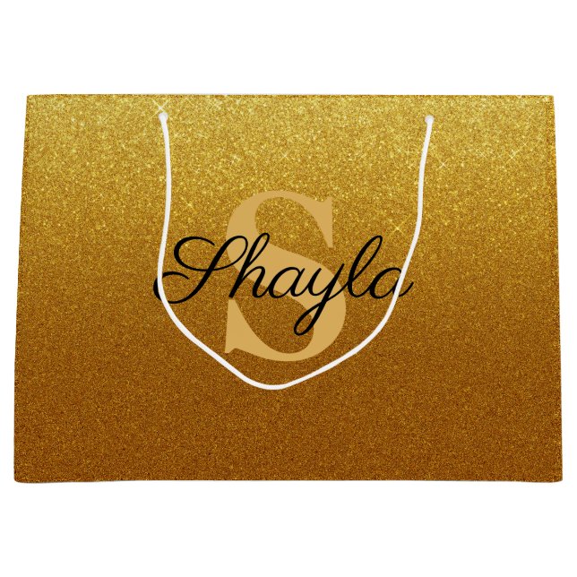 Grand Sac Cadeau Parties scintillant d'or Faux scintillant Monogram (Devant)