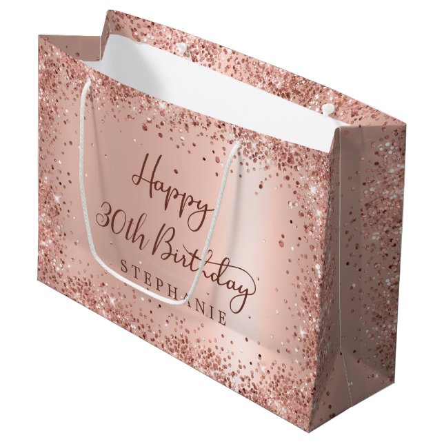 Grand Sac Cadeau Parties scintillant d'or Rose moderne Monogramme 3 (Devant Angle)