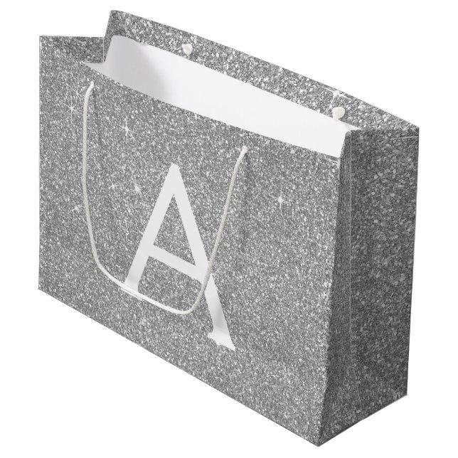 Grand Sac Cadeau Parties scintillant en argent de luxe et monogramm (Devant Angle)