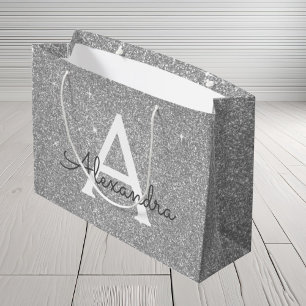 Grand Sac Cadeau Parties scintillant en argent de luxe et monogramm