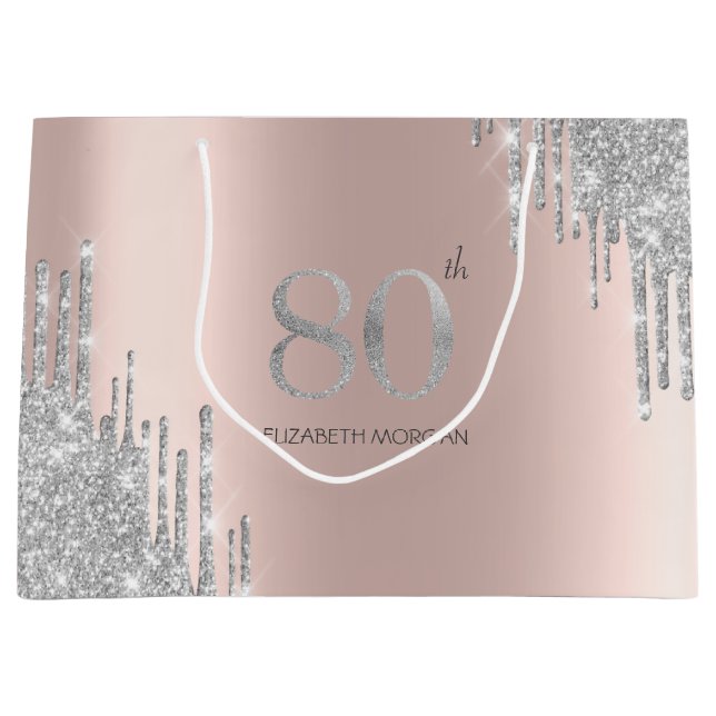 Grand Sac Cadeau Parties scintillant en argent Rose Gold 80e (Devant)