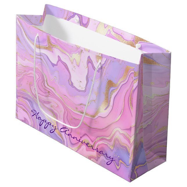 Grand Sac Cadeau Parties scintillant en marbre rose violet or (Devant Angle)