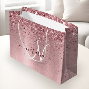 Grand Sac Cadeau Parties scintillant en métal brossé rose pâle Nom 