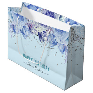 Grand Sac Cadeau Parties scintillant florale Bleu clair Joyeux anni