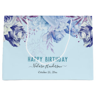 Grand Sac Cadeau Parties scintillant Florale Bleu clair Joyeux Anni