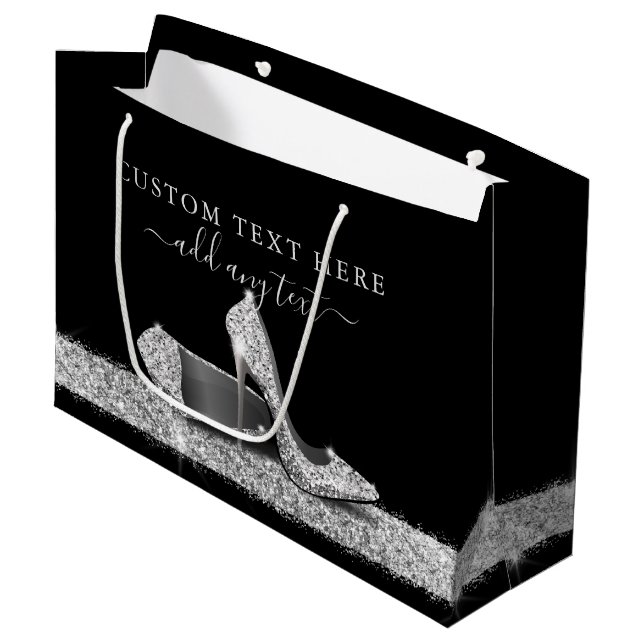Grand Sac Cadeau Parties scintillant hauts talons Argent Noir Perso (Devant Angle)