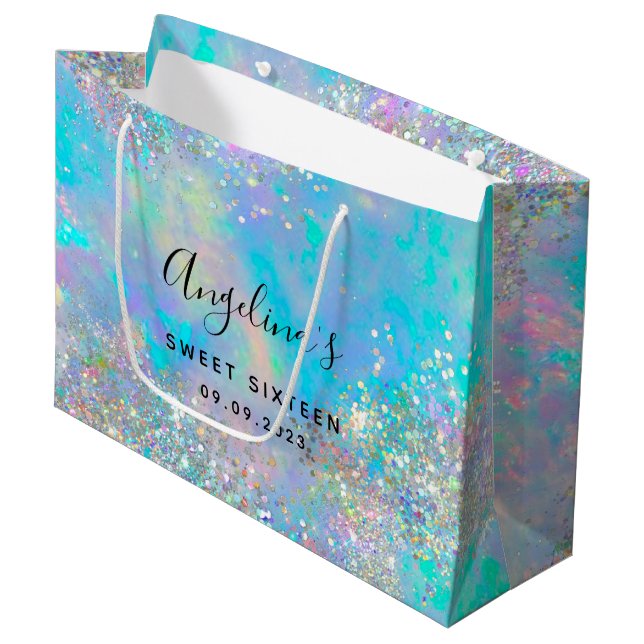 Grand Sac Cadeau Parties scintillant holographique Sweet sixteen Op (Devant Angle)