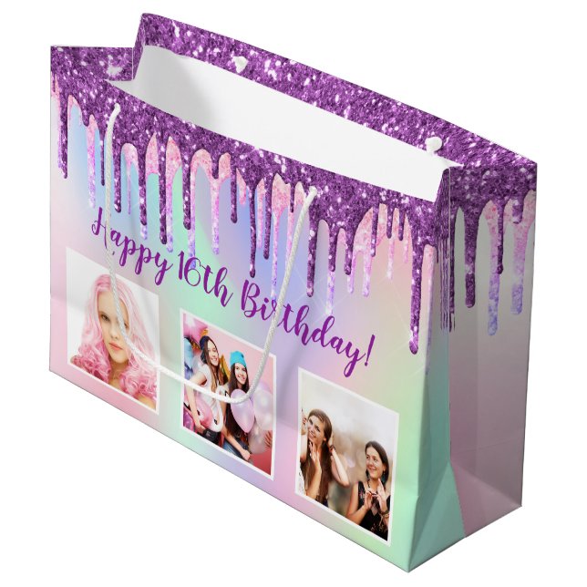 Grand Sac Cadeau Parties scintillant pourpre arc-en-ciel d'annivers (Devant Angle)