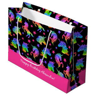 Grand Sac Cadeau Parties scintillant Unicorn Arc en ciel avec préno