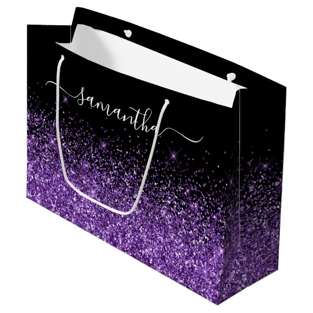 Grand Sac Cadeau Parties scintillant violet noire et royale Nom élé (Devant Angle)