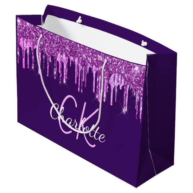 Grand Sac Cadeau Parties scintillant violet rose gouttes monogramme (Dos Angle)