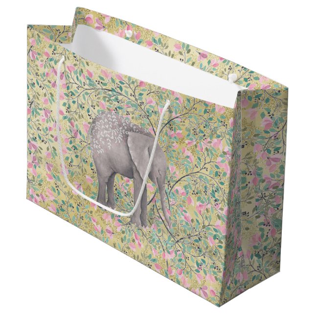 Grand Sac Cadeau Parties scintillantes d'or de fleurs d'éléphant (Devant Angle)