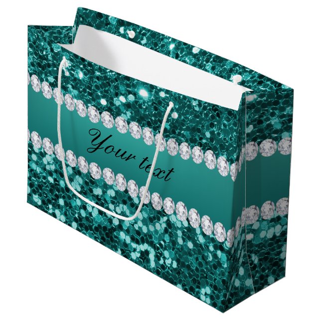 Grand Sac Cadeau Parties scintillantes turquoises chics et diamants (Devant Angle)