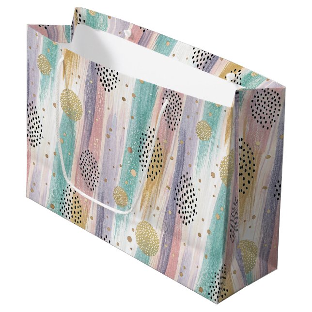 Grand Sac Cadeau Pastel Brushstroke & Gold Géométrique Abstrait (Devant Angle)