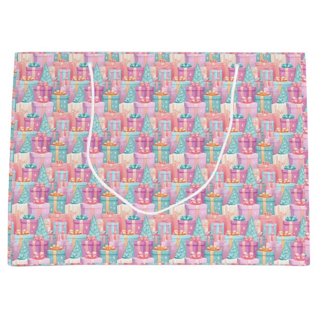 Grand Sac Cadeau Pastel Noël Présences et Arbres Papier (Devant)