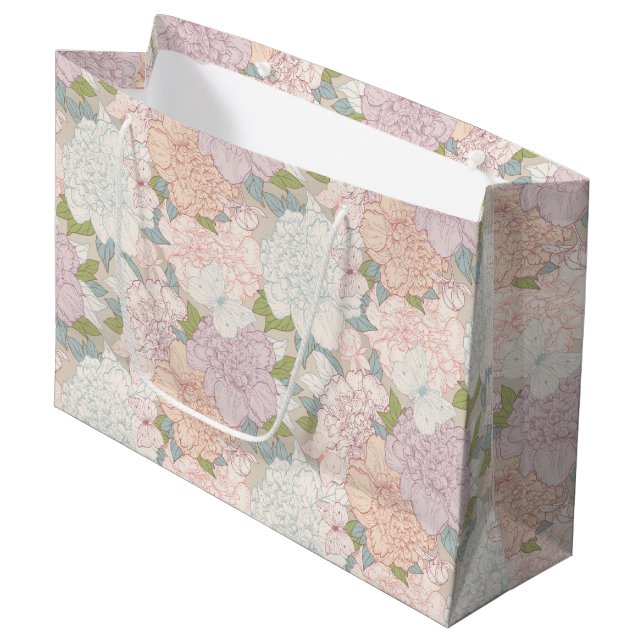 Grand Sac Cadeau Pastel Peony & Butterfly Flower Motif (Devant Angle)