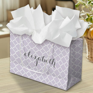 Grand Sac Cadeau Pastel Purple Grey Quatrefoil Motif Nom personnali