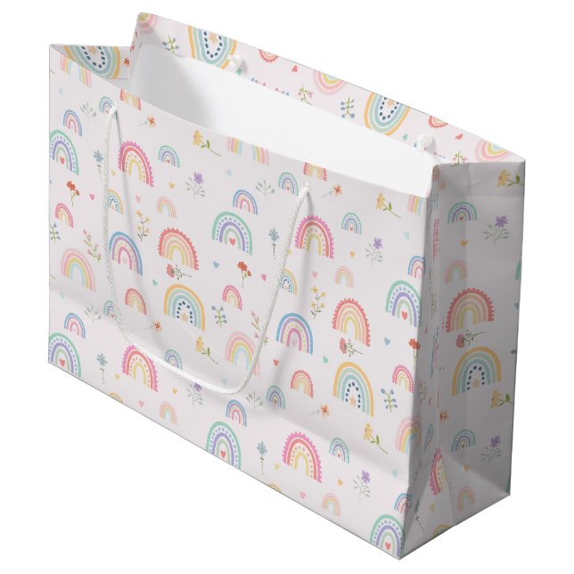 Grand Sac Cadeau Pastel Rainbows Girly Fleurs sauvages & Coeurs (Devant Angle)