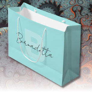 Grand Sac Cadeau Pastel Turquoise   Élégant script de nom manuscrit