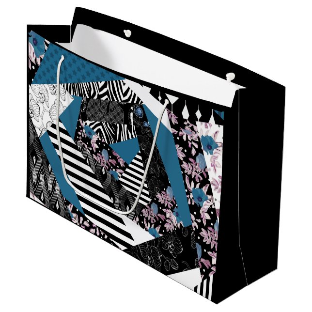 Grand Sac Cadeau patchwork bleu, populaire, patchwork, folle, rusti (Devant Angle)