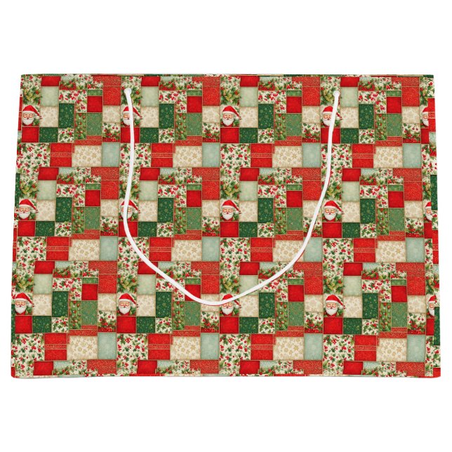 Grand Sac Cadeau Patchwork de Noël en rouge et vert (Devant)