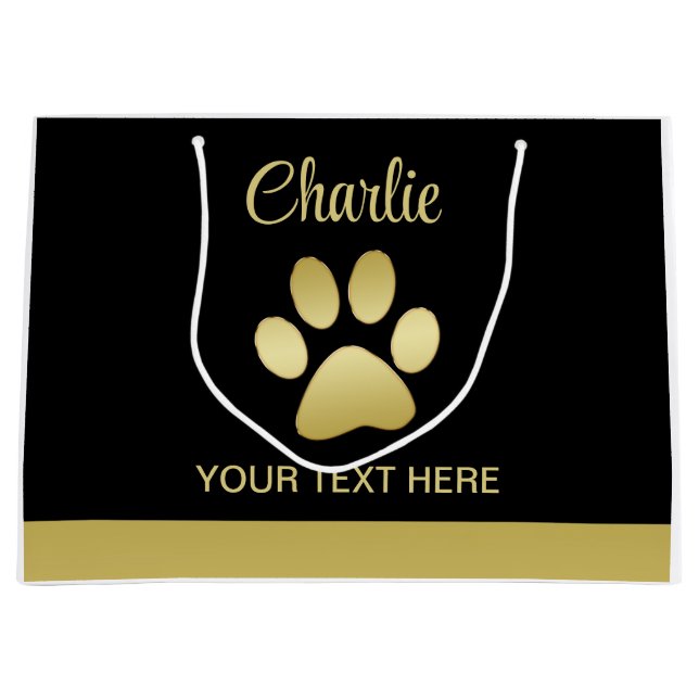 Grand Sac Cadeau Paw chien brillant or sur arrière - plan noir (Devant)