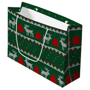 Grand Sac Cadeau Pays des merveilles d'hiver, sapin vert avec Renne