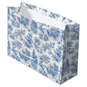 Grand Sac Cadeau Paysage Toile Bleu et Blanc Vintage