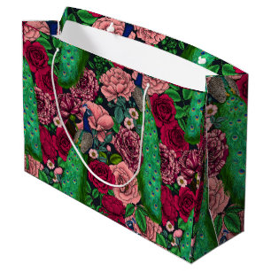 Grand Sac Cadeau Peacocks dans le jardin rose 2
