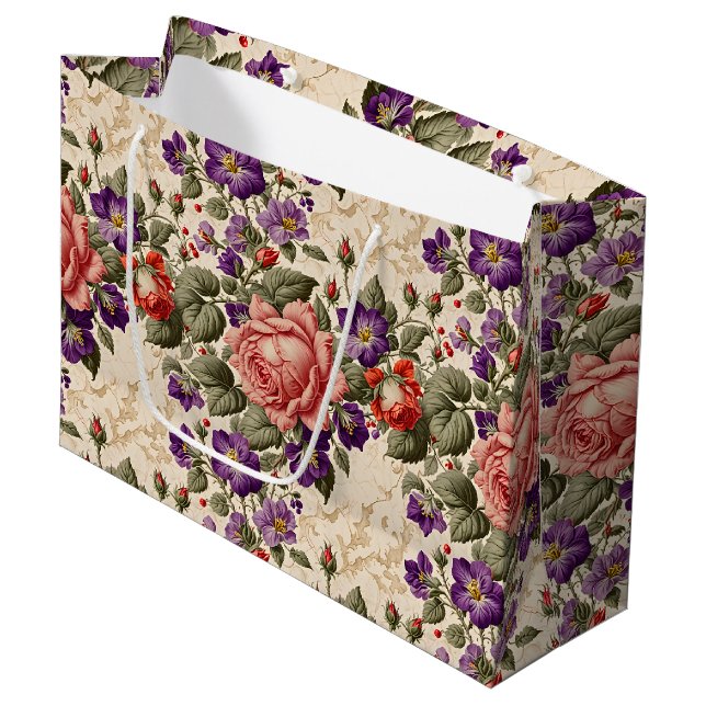 Grand Sac Cadeau Pêche romantique et Roses de corail (Devant Angle)