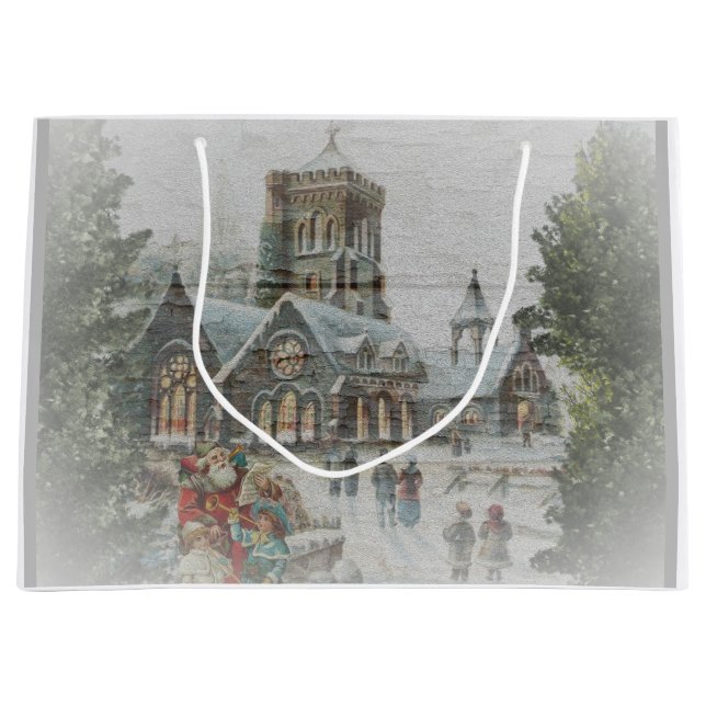Grand Sac Cadeau Père Noël ancienne avec enfants devant une église (Devant)