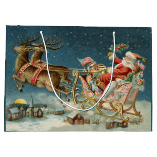 Grand Sac Cadeau Père Noël Antique Sleigh Reindeer