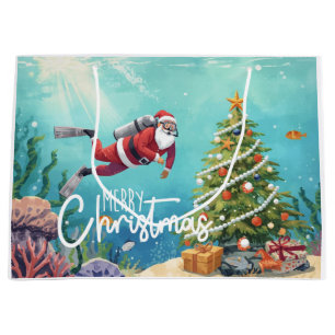 Grand Sac Cadeau Père Noël en plongée Noël sous-marin Fêtes de fin
