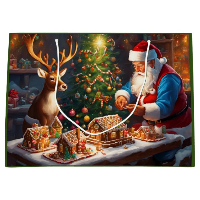 Grand Sac Cadeau Père Noël et rennes font maison de pain d'épices (Devant)