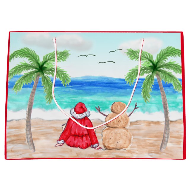 Grand Sac Cadeau Père Noël et Sand Snowman à Noël de plage (Devant)