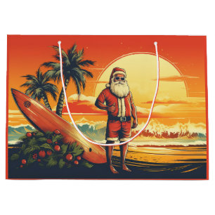 Grand Sac Cadeau Père Noël et Surfboard Retro Surfing Beach Noël