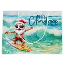 Père Noël surfant sur une grosse vague à Hawaï 