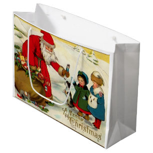 Grand Sac Cadeau Père Noël vintage avec enfants